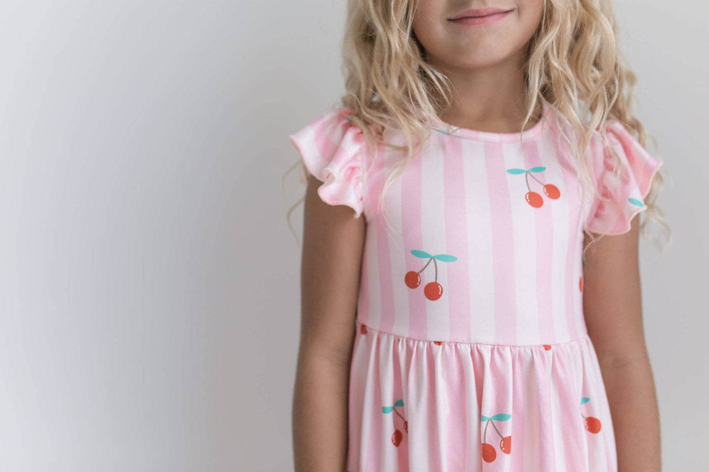 Girls Claire Pink Stripe Cherry Spring Summer Twirl Dress