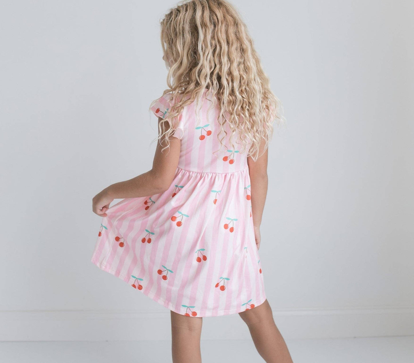 Girls Claire Pink Stripe Cherry Spring Summer Twirl Dress