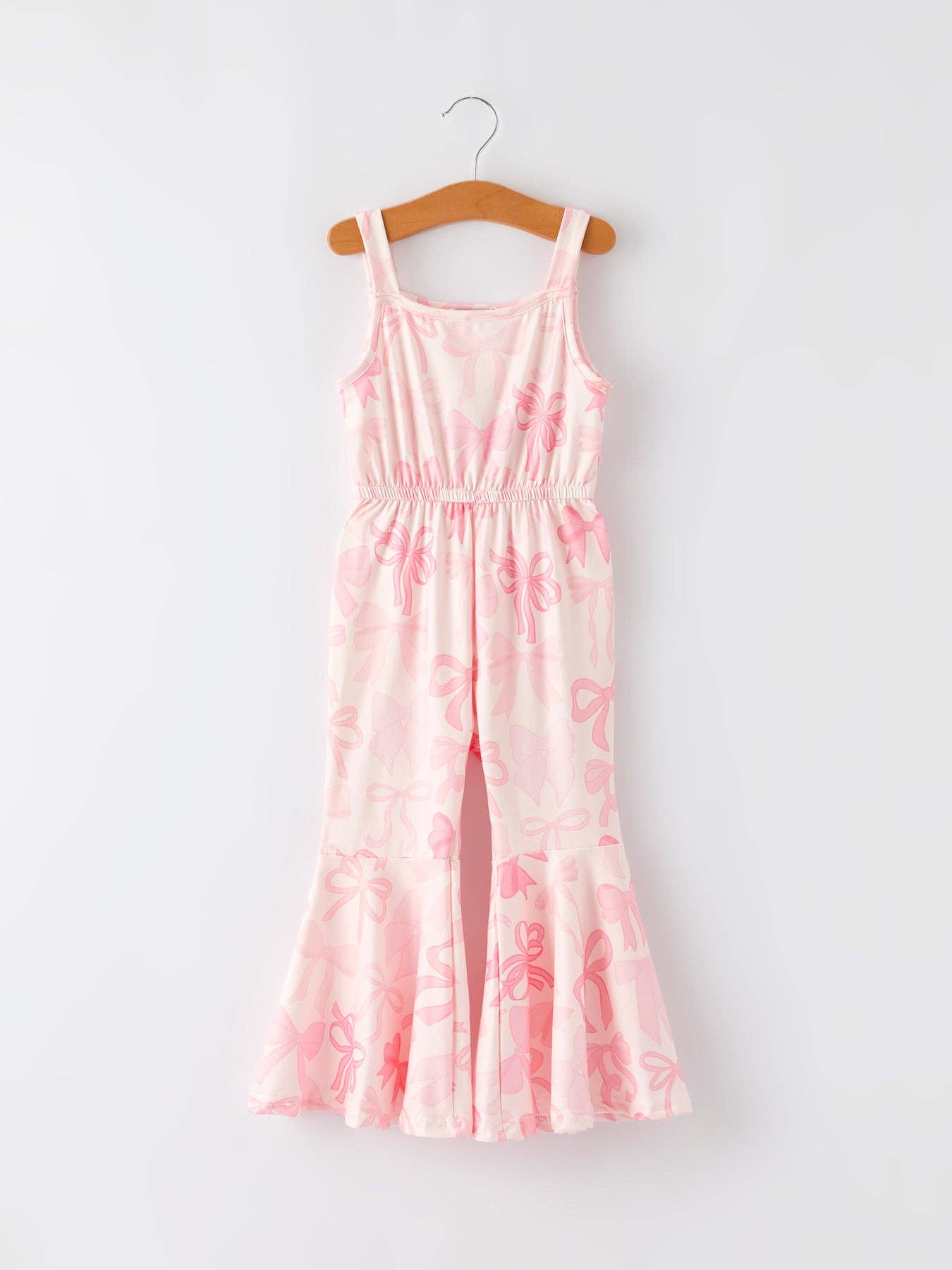 Pink Bow Print Girls Sling Flared Jumpsuit