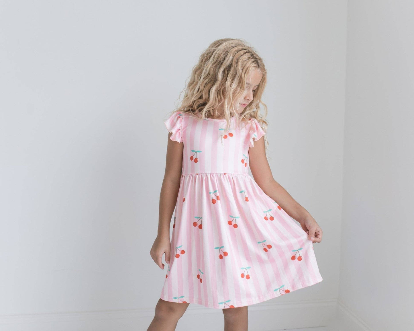 Girls Claire Pink Stripe Cherry Spring Summer Twirl Dress