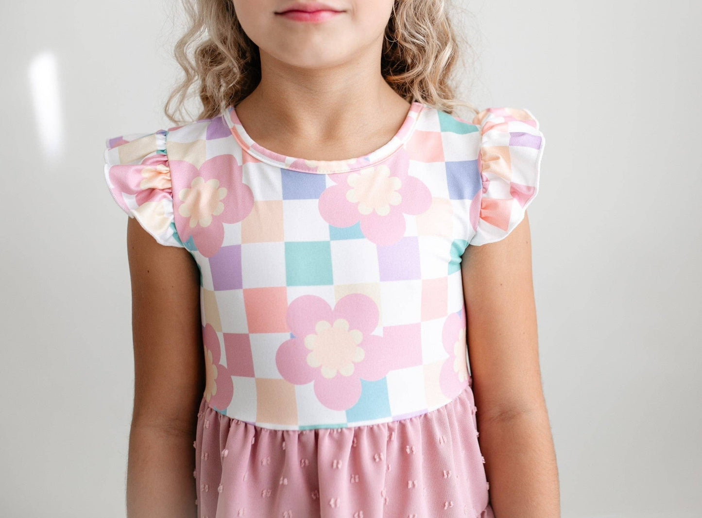 Girls Pink Check Retro Swiss Dot Spring Dress