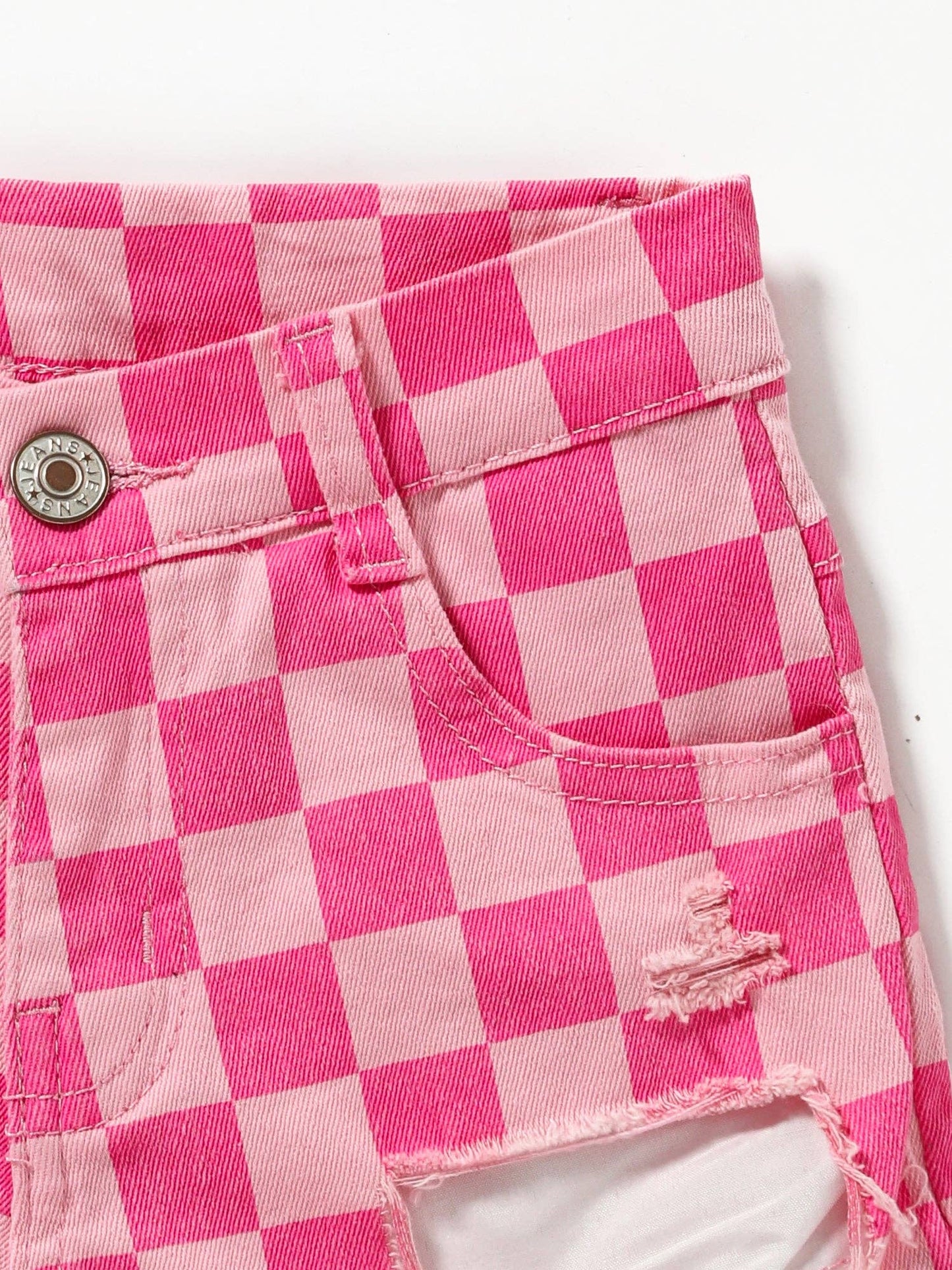 Girls Pink Checked Denim Shorts