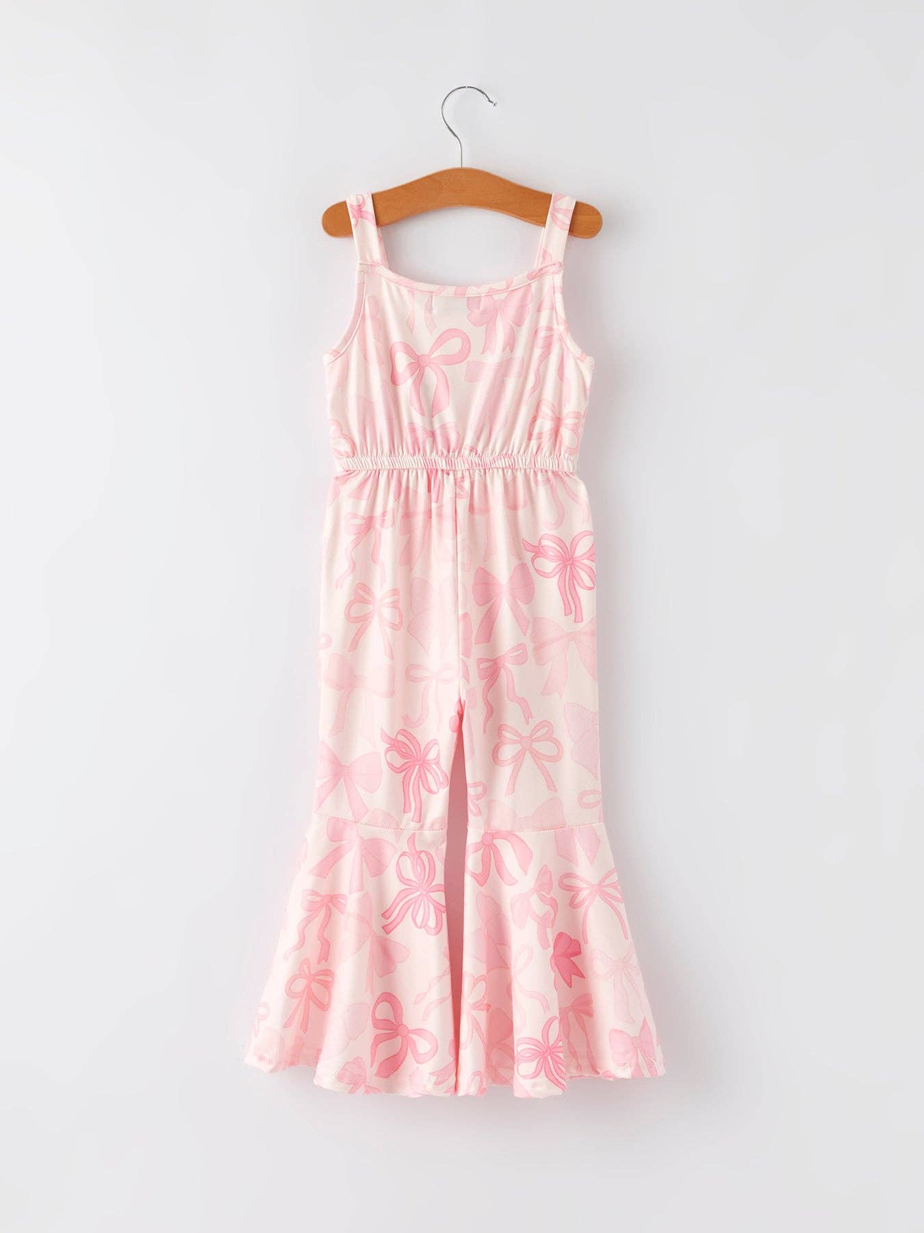 Pink Bow Print Girls Sling Flared Jumpsuit