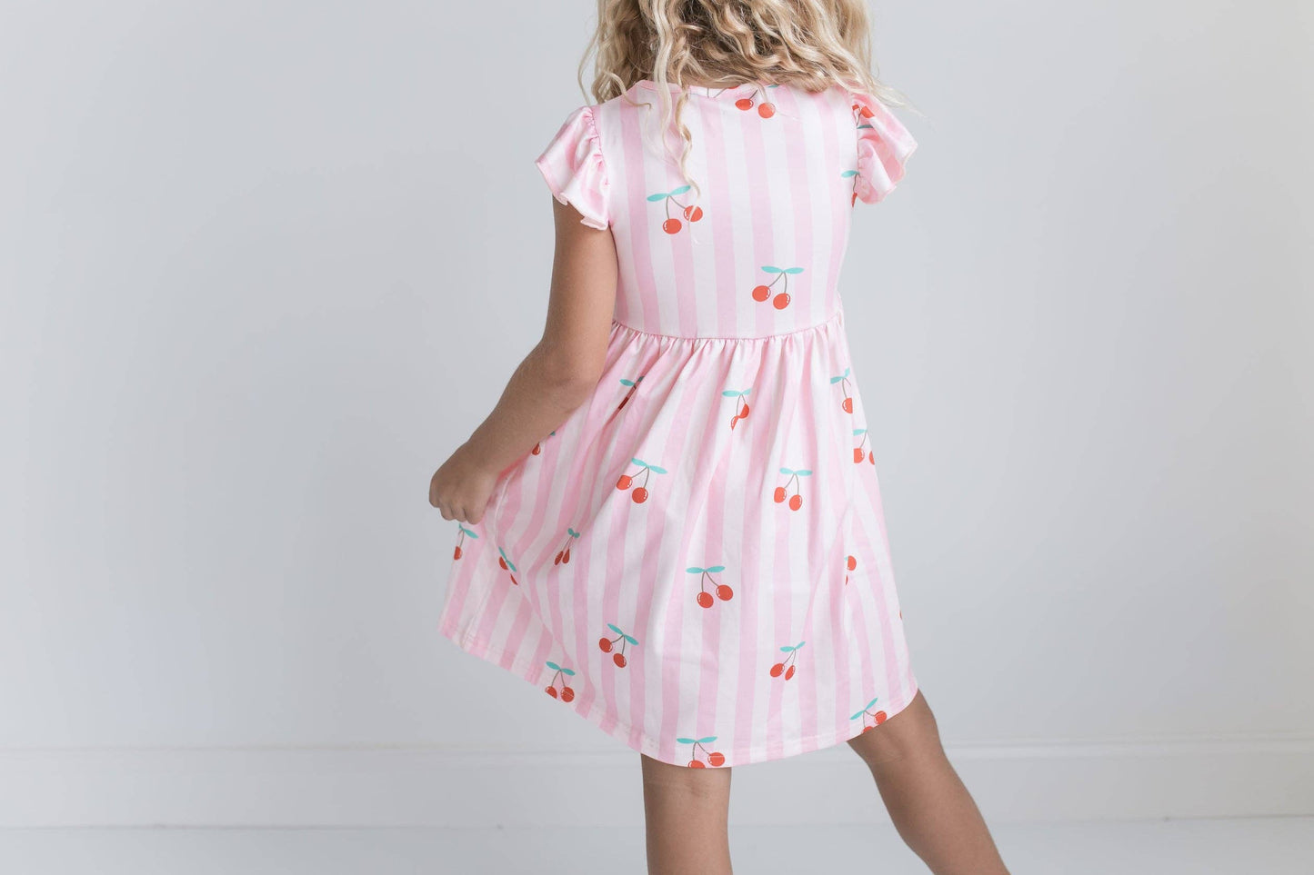 Girls Claire Pink Stripe Cherry Spring Summer Twirl Dress