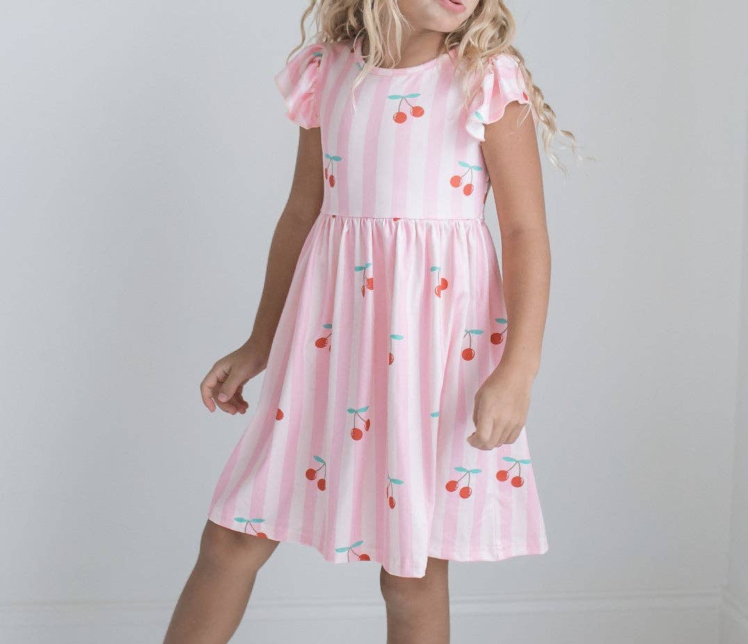 Girls Claire Pink Stripe Cherry Spring Summer Twirl Dress