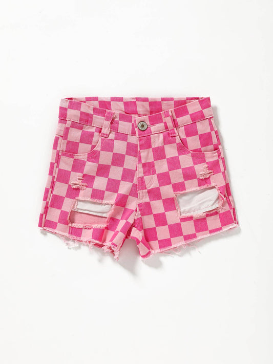 Girls Pink Checked Denim Shorts