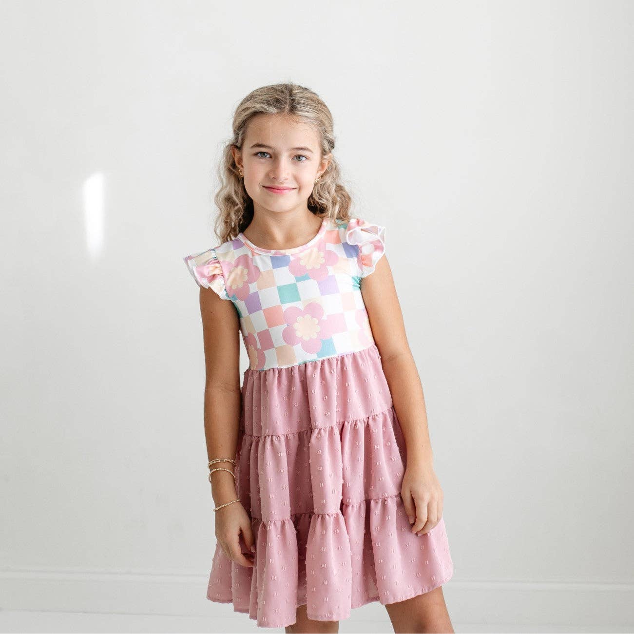 Girls Pink Check Retro Swiss Dot Spring Dress