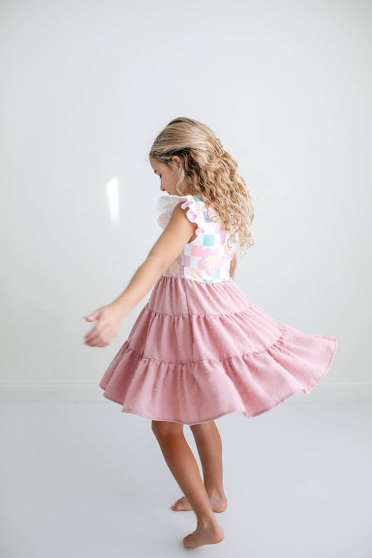 Girls Pink Check Retro Swiss Dot Spring Dress