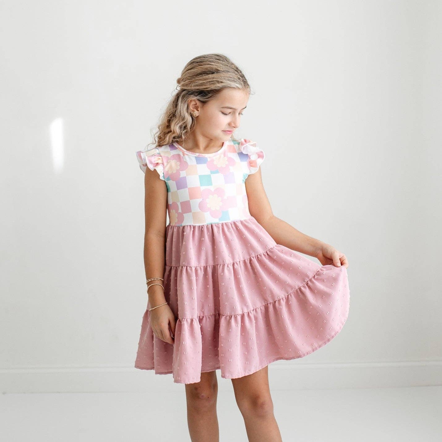 Girls Pink Check Retro Swiss Dot Spring Dress
