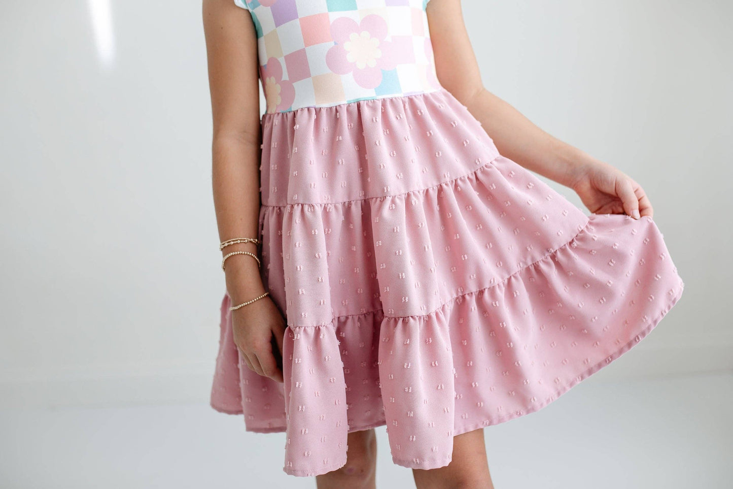 Girls Pink Check Retro Swiss Dot Spring Dress