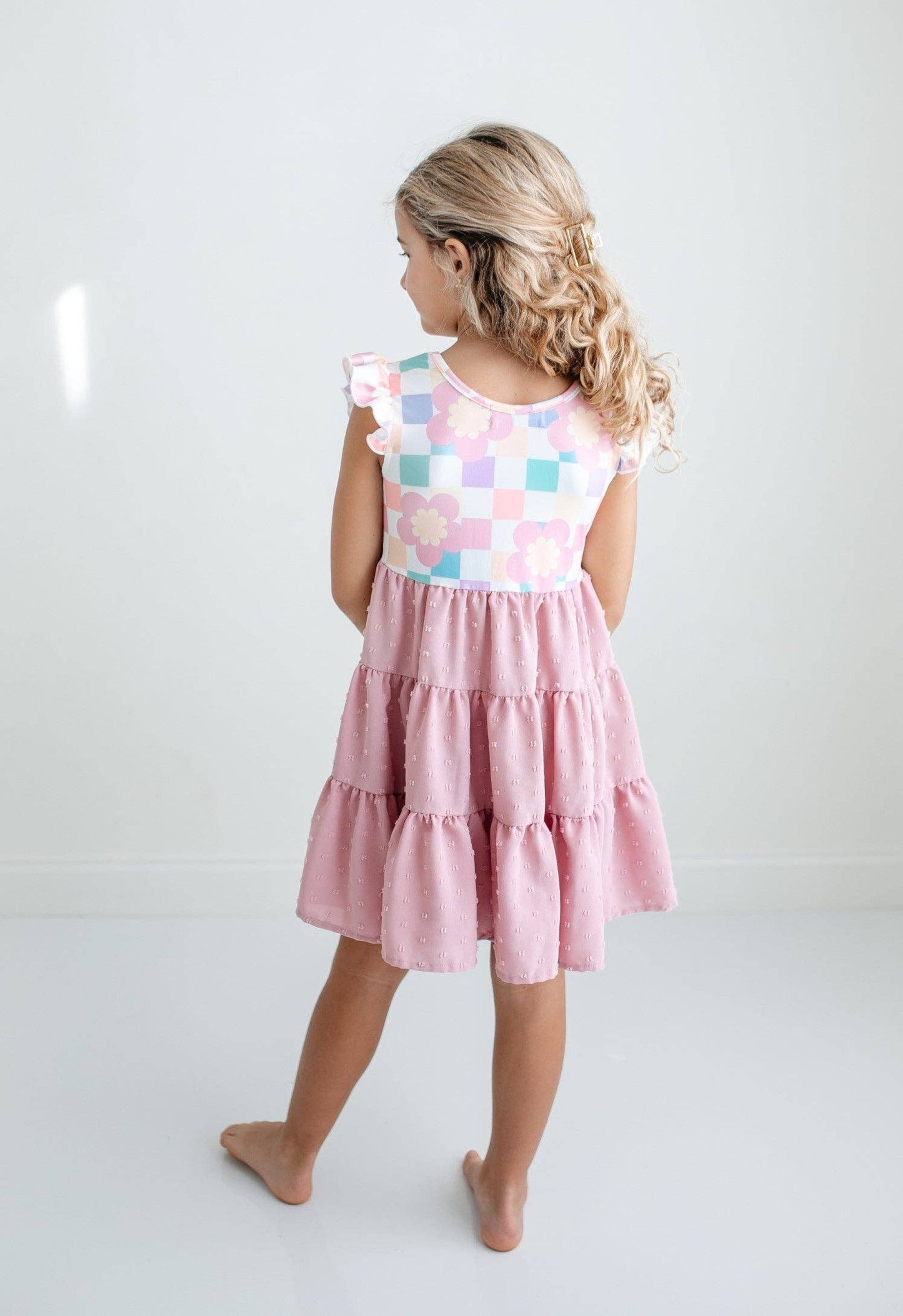 Girls Pink Check Retro Swiss Dot Spring Dress